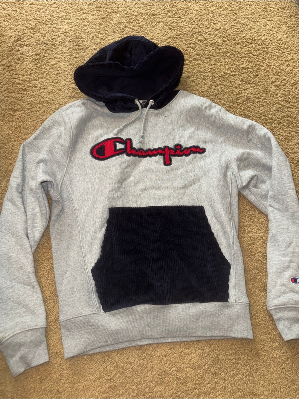 Champion Gray Hoodie with Navy Hood and Pocket